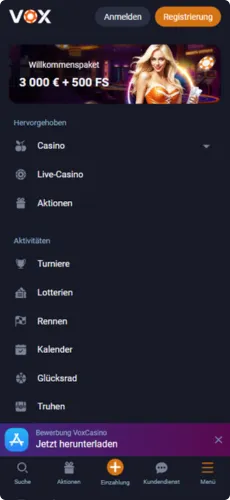 Vox Casino menu